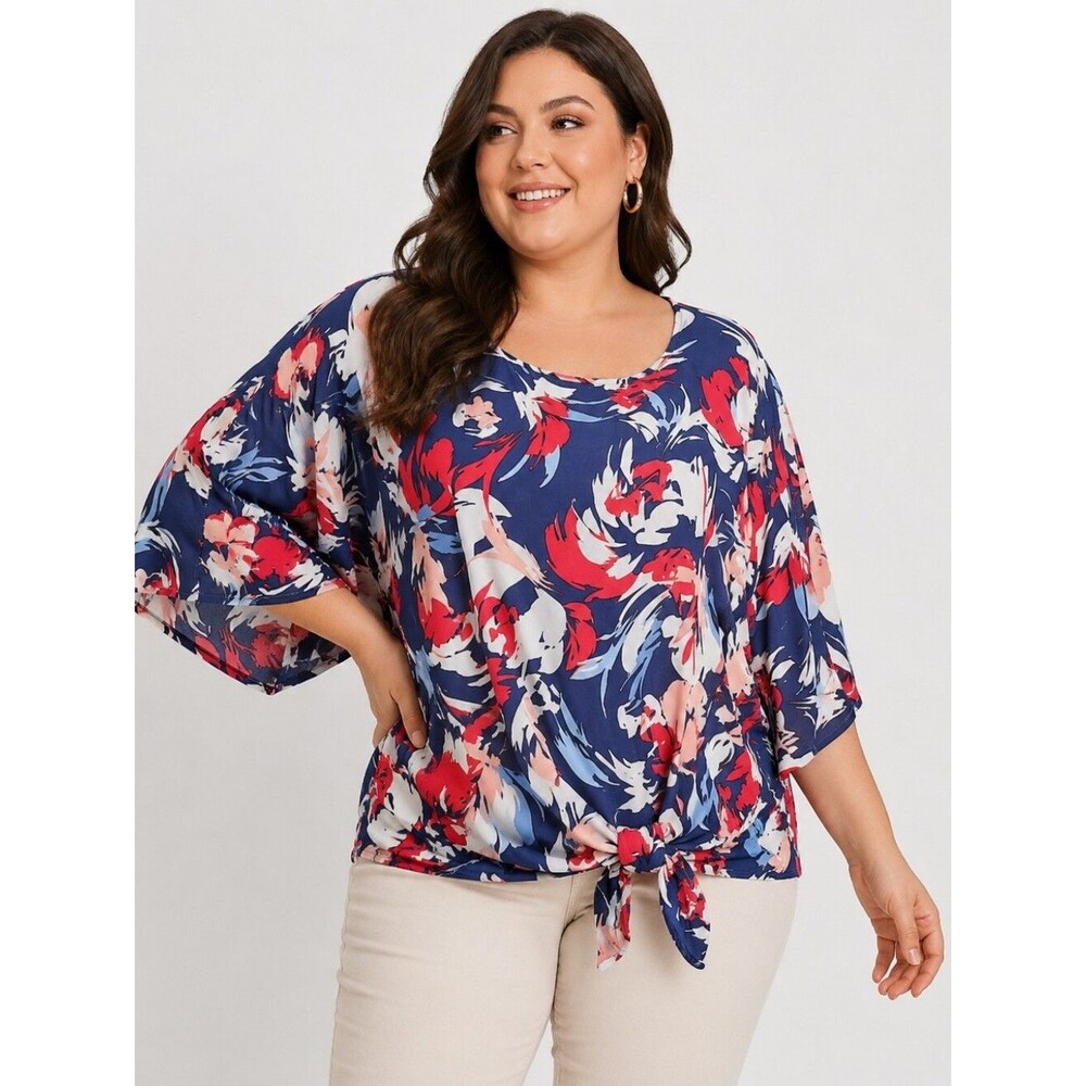 Molly & Isadora Three-Quarter Sleeve Double Bell Floral Flowy Blouse Top 2X